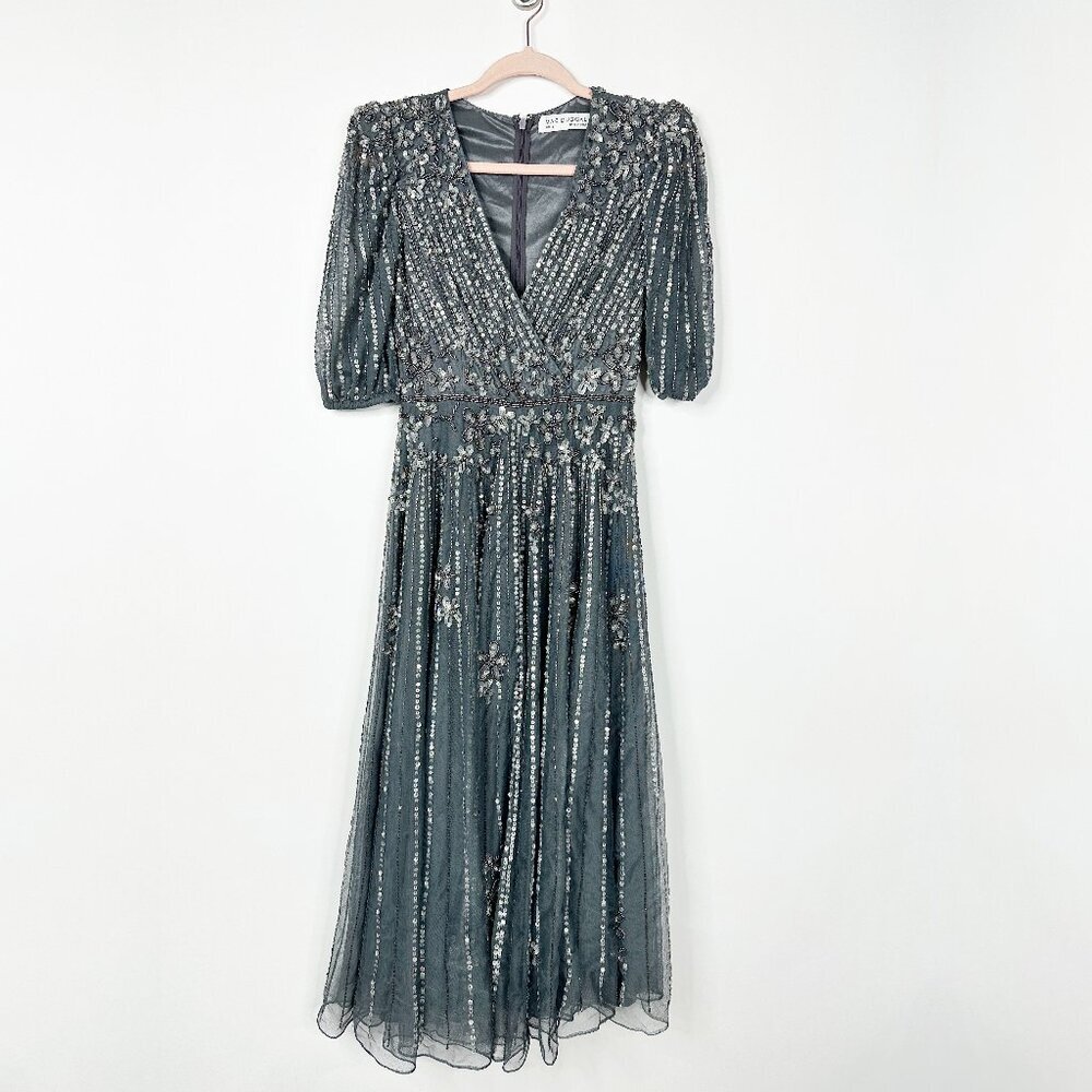 FLAW - Mac Duggal Puff Quarter Length Sleeve V-Neck Dress Pewter 2 #A0076 - Picture 4 of 11
